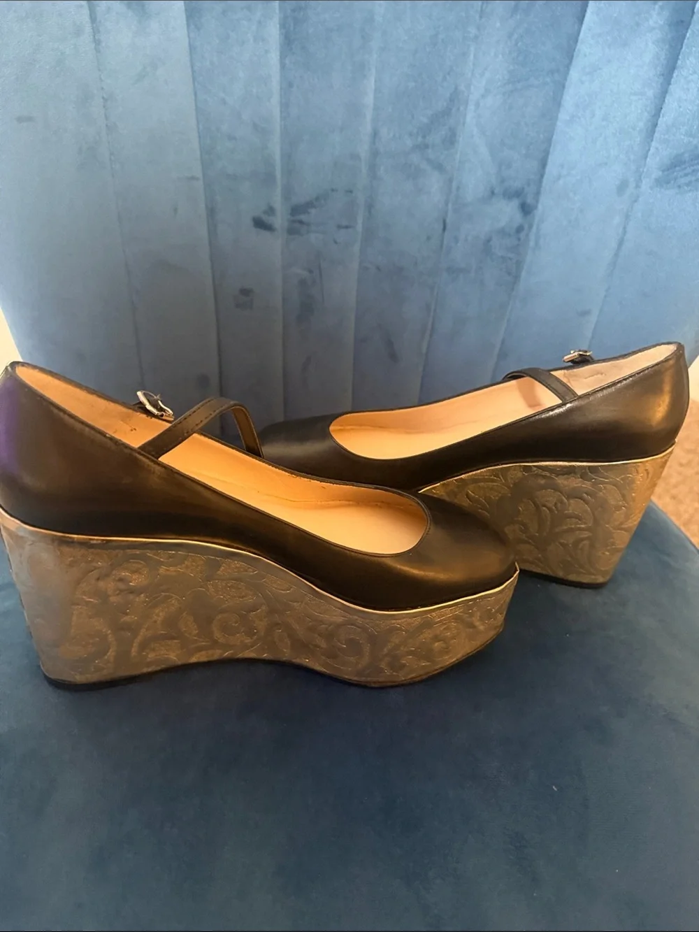 Christian Louboutin Black Leather Platform Wedge Mary Janes